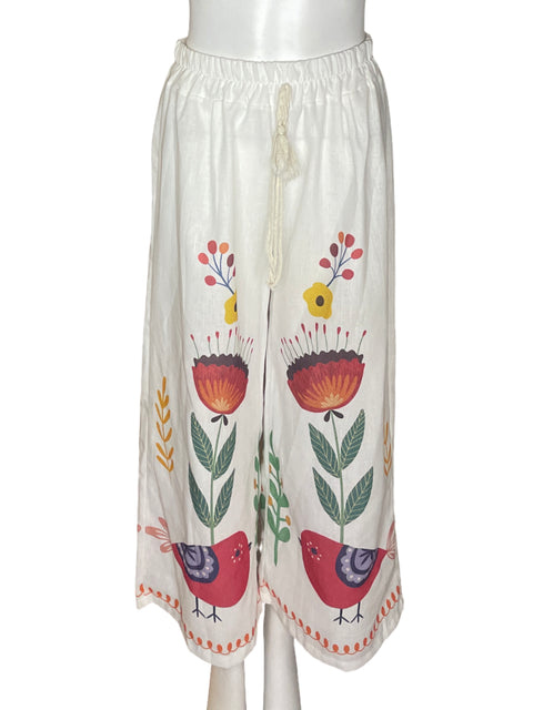 Pantalón Tesoro Tps Palazo Elastico Estampado Floral Blanco - Talla S