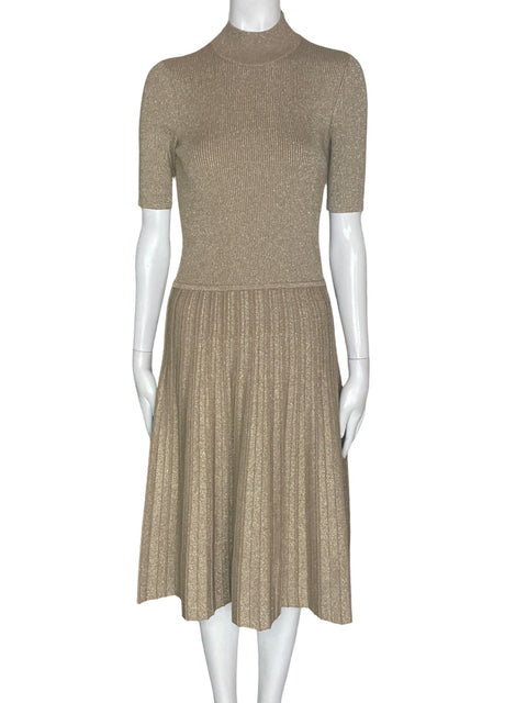 Vestido Ralph Lauren Ajustado Plisado Beige - Talla S