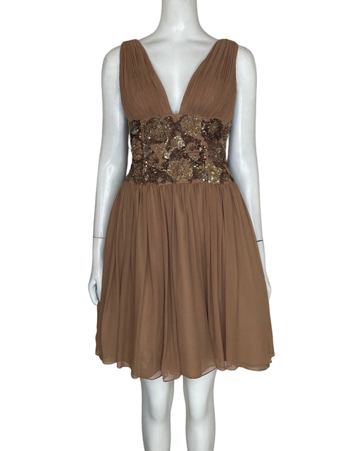 Vestido Scala de Seda Cuello v Lentejuelas Beige - Talla 2
