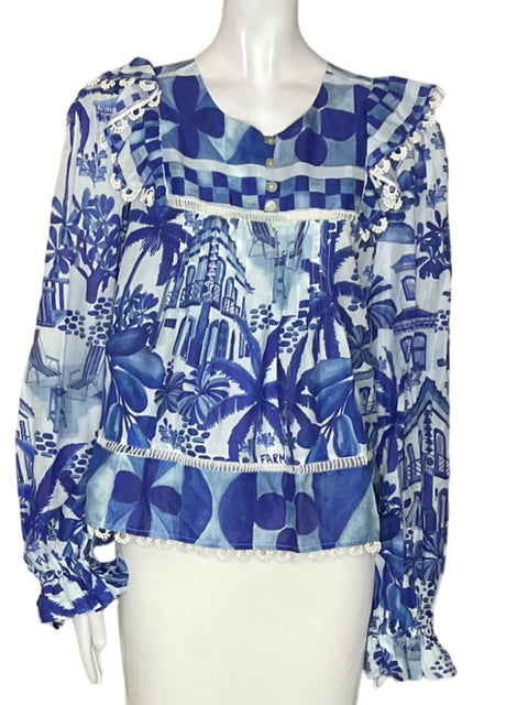 Blusa Farm Estampado Abullonado Azul - Talla XL