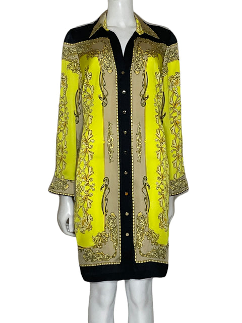 Vestido Caché Camisero Vintage Con Estampado Barroco Amarillo - Talla 8