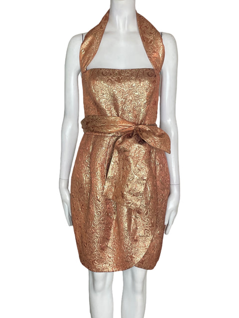 Vestido Mng de Algodón Halter Satinado Dorado - Talla S