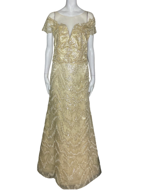 Vestido De Fiesta Valar Transparente Lentejuelas Dorado - Talla L
