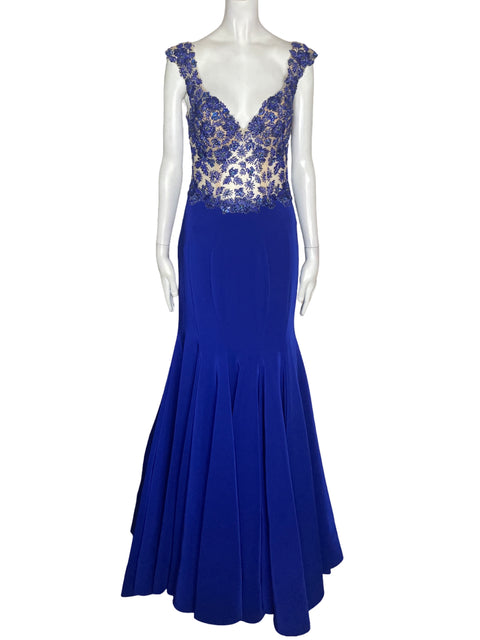 Vestido Sherri Hill Liso Encaje Azul - Talla 8