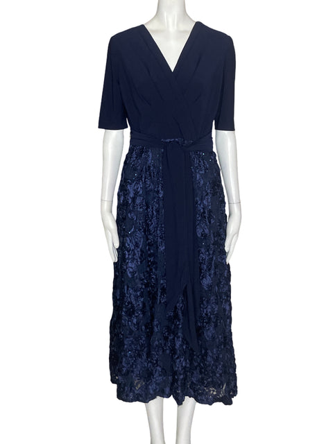 Vestido De Fiesta Alex Evenings Apliques Liso Azul - Talla 8