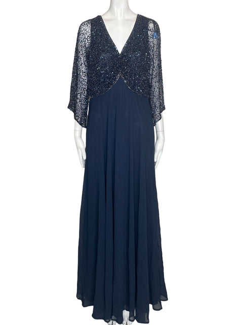 Vestido De Fiesta Jkara Brillo Cuello v Azul - Talla 10