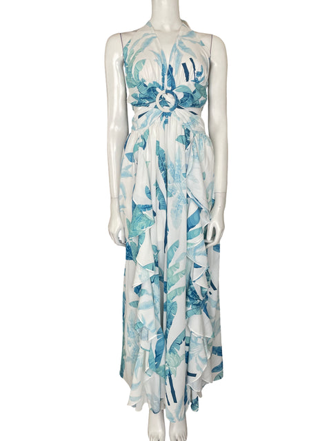 Vestido Chicways Maxi Estampado de hojas tropicales Volantes en cascadas Azul - Talla L