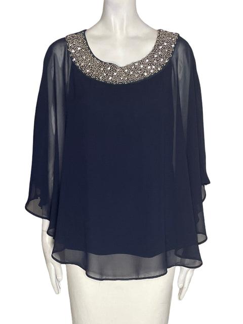 Blusa R&m Richards Pedreria Transparente Azul - Talla 12