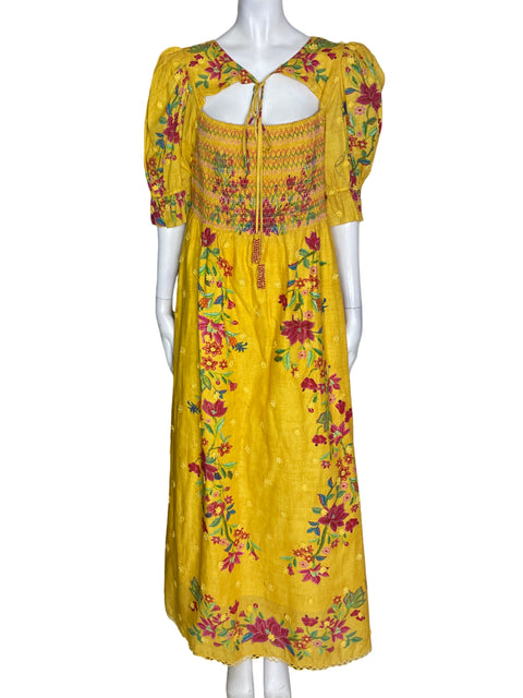 Vestido Farm de Algodón Abullonado Estampado Amarillo - Talla L