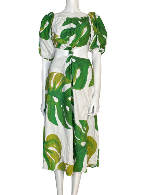 Vestido de Lino Estampado Midi Verde - Talla M