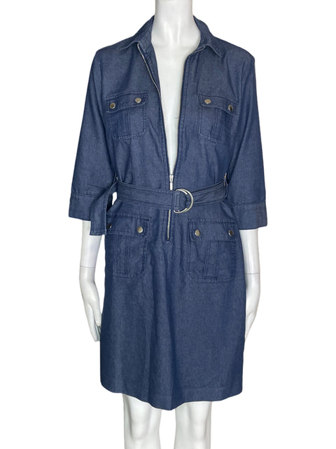 Vestido Sharagano Bolsillos Zipper Azul - Talla 4