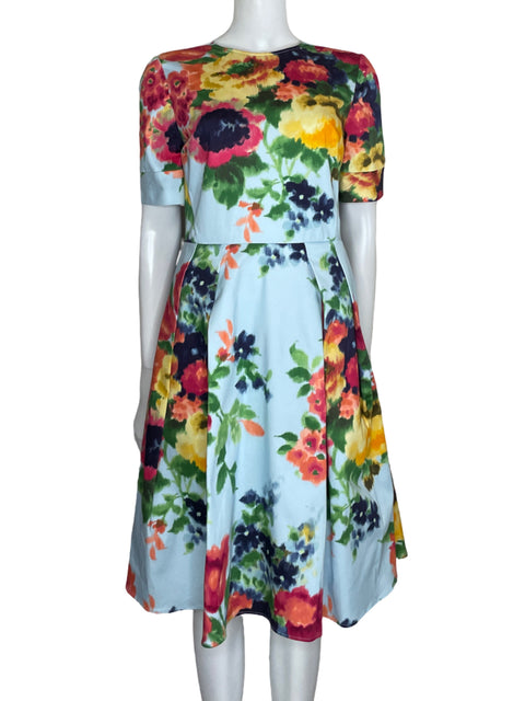 Vestido Carolina Herrera Floral Pinzas Midi Azul - Talla 8