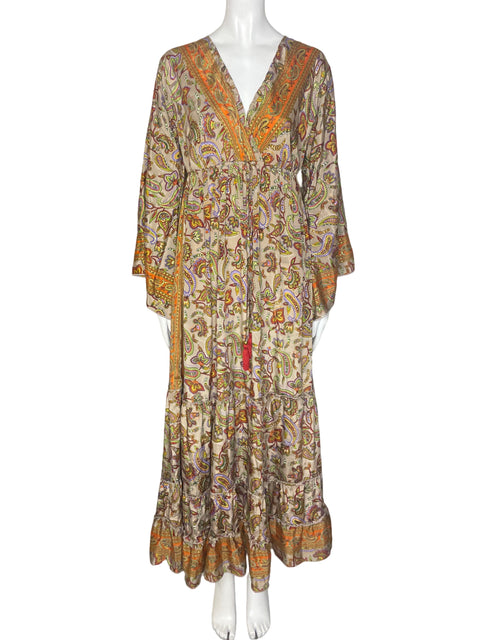 Vestido New Collection Estampado Cuello v Beige - Talla S