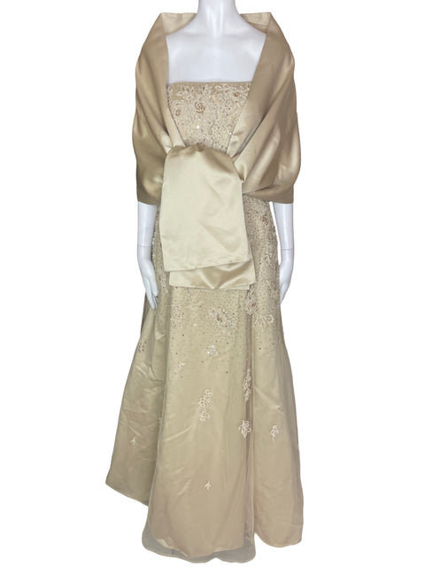 Vestido De Fiesta Jovani Strapless Maxi Satinado Chals Dorado - Talla 6