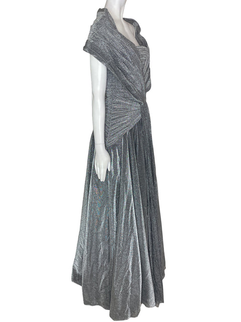 Vestido De Fiesta Cengiz Akturk Brillo Plisado Plateado - Talla S