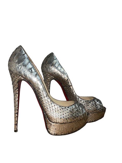 Sandalia Christian Louboutin Lady Peep Boa Leather Tacón alto Plateado - Talla 38