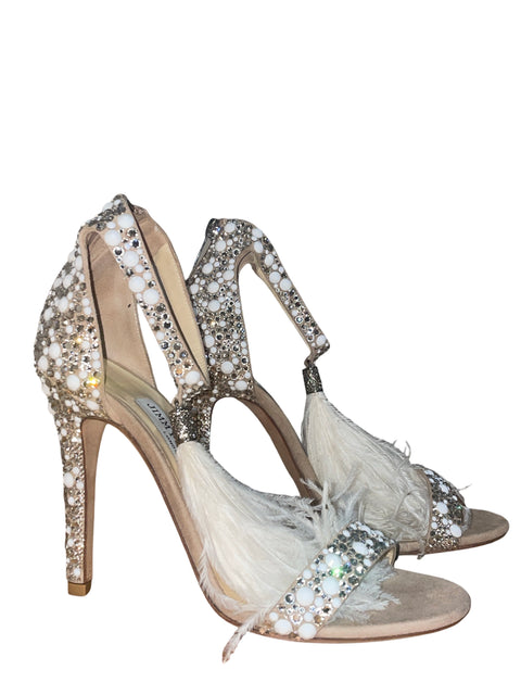 Zapato Jimmy Choo Viola 110 Con Cristales Y Borlas De Plumas De Avestruz Tacón alto Beige - Talla 7.5