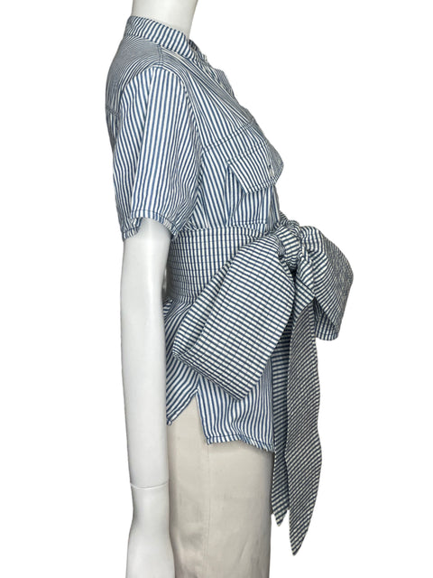 Camisa Cv Diseño Exclusivo Rayas Cinturón Algodón Azul - Talla L