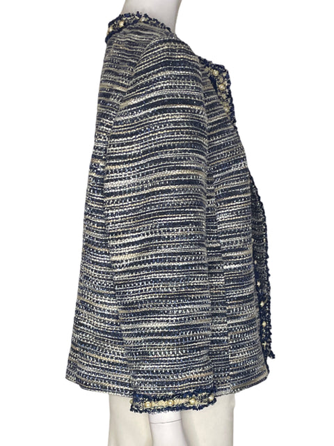 Chaqueta Tahari Rayas Perlas Flecos Azul - Talla 14