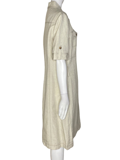 Vestido Tahari Liso Bolsillos Botones Beige - Talla 12