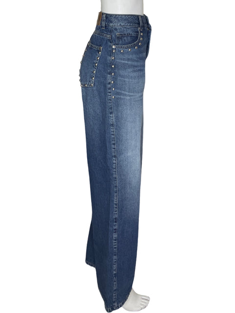 Pantalón Studio F Pedreria Recto Bolsillo Azul - Talla 40