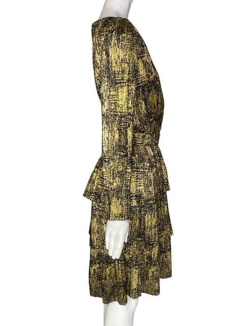 Vestido Bcbg Ruchas Estampado Cuello v Dorado - Talla 6
