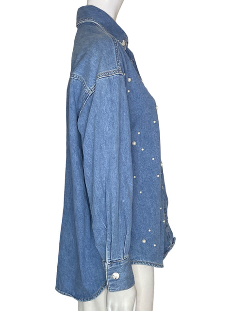 Blusa Zara Camisa Manga larga Perlas Azul - Talla XS
