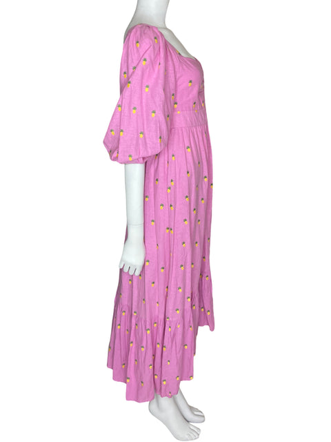 Vestido Farm Abullonado Estampado piña Cuello v Rosado - Talla XS