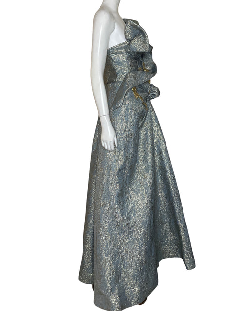 Vestido De Fiesta Tesoro Tps Metalizado Drapeado Plateado - Talla 10
