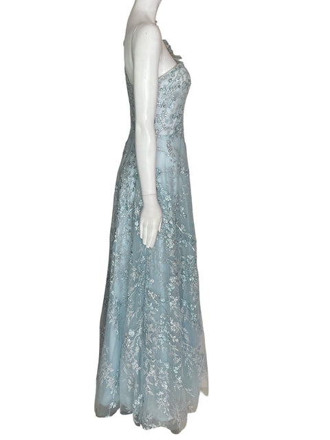 Vestido De Fiesta Andrea & Leo Oneshoulders Apliques Pedreria Azul - Talla 8