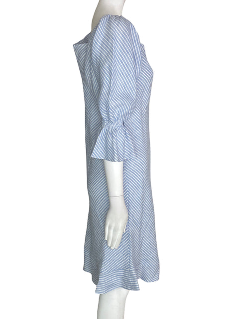 Vestido Mpm Midi Rayas Suelto Ruchas Abullonado Azul - Talla S