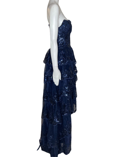 Vestido De Fiesta Tesoro Tps Brillo Lentejuela Ruchas Strapless Azul - Talla S
