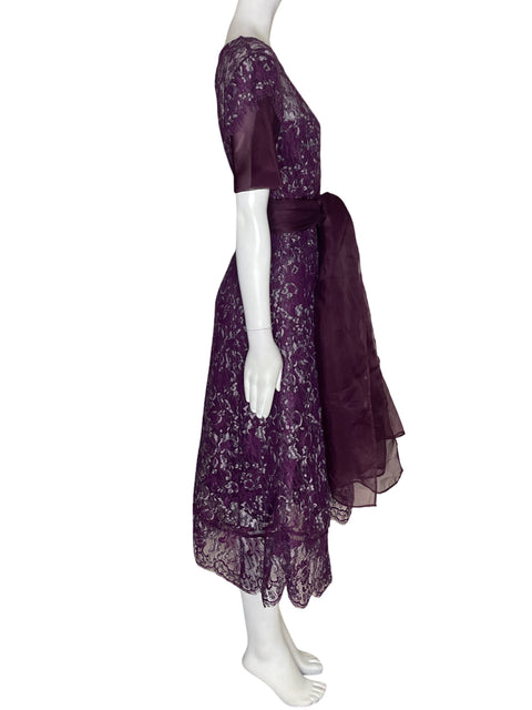 Vestido Donna Karan Estampado Transparente Ruchas Chal Morado - Talla 16