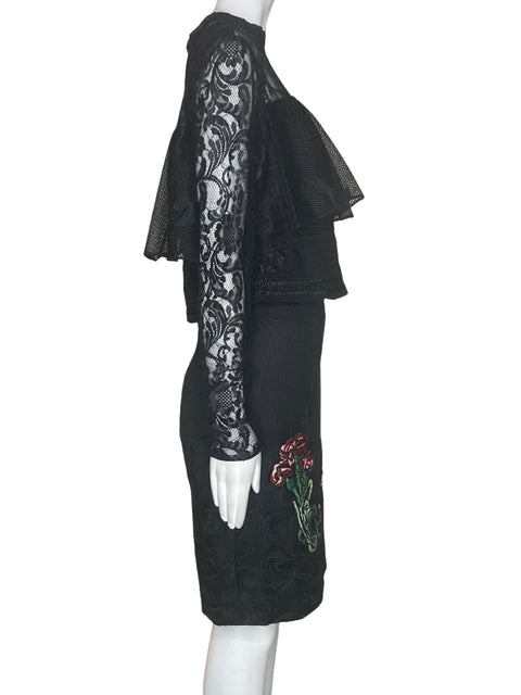 Conjunto Tesoro Tps Falda/blusa Tejido Transparente Ruchas Negro - Talla L