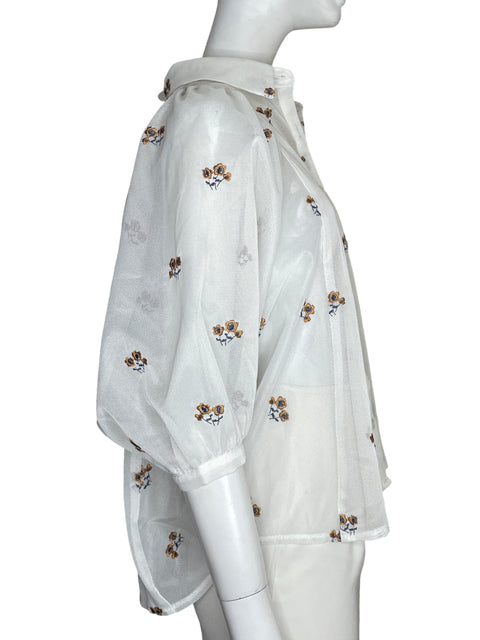 Blusa Gracia Mangas Abullonadas Bordado Floral Blanco - Talla S