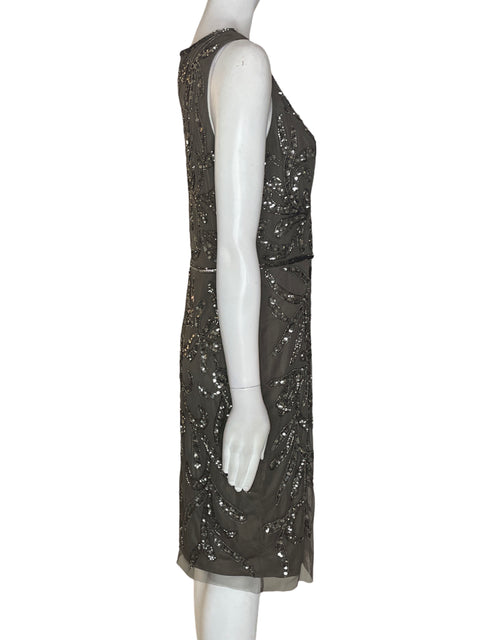 Vestido Adriana Papell Cuello v Brillo Midi Marrón - Talla 8
