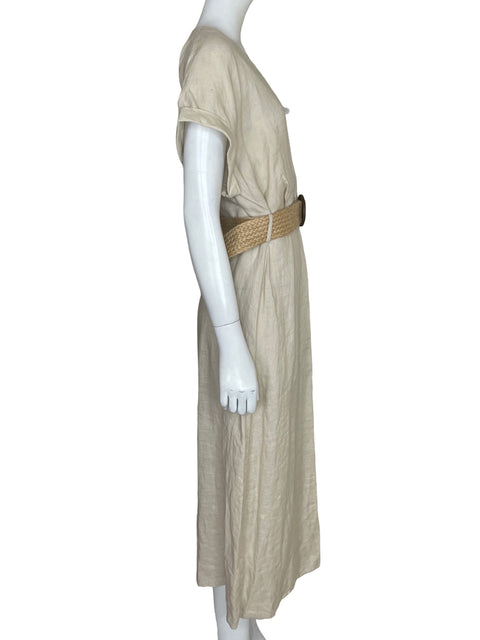 Vestido Mango de Lino Cuello v Midi Beige - Talla 4