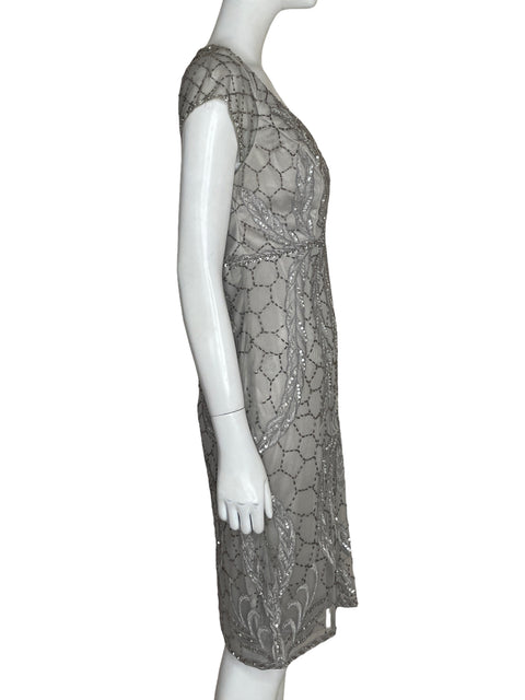 Vestido De Fiesta Sue Wong Midi Lentejuelas Gris - Talla 12