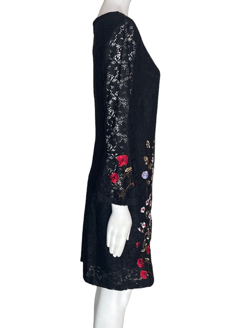 Vestido Desigual Apliques Floral Manga larga Negro - Talla 40