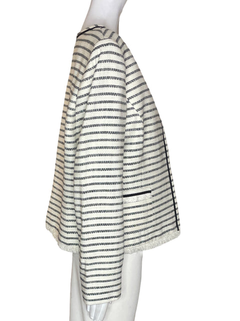 Chaqueta Tahari Rayas Abierto Bolsillo Blanco - Talla 14