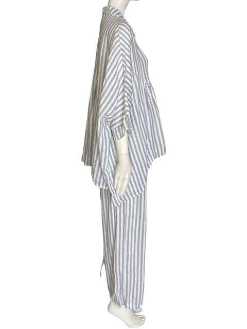 Conjunto Puro Lino de Lino Rayas Blusa/pantalon Palazo Azul - Talla L