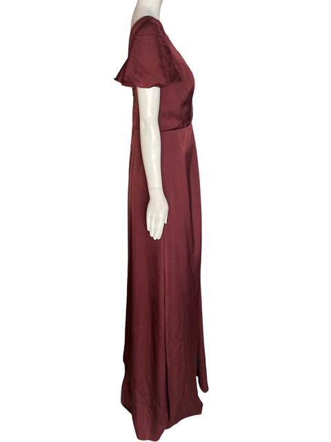 Vestido Azazie Liso Cuello v Ruchas Marrón - Talla M