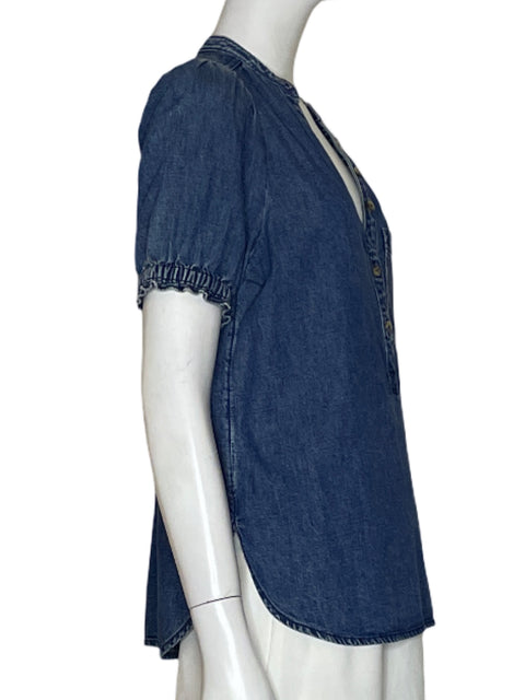 Blusa Pilcro Jeans Abullonado de Algodón Azul - Talla XS