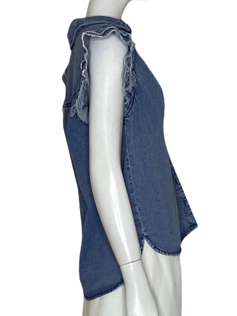 Camisa Pilcro Mangas Vuelo de Algodón Azul - Talla XS