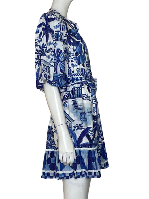 Vestido Farm Rio Sweet Rio Puff Sleeve Mini de Algodón Azul - Talla S