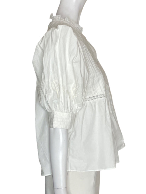 Blusa Zara de Algodón Abullonado Encaje Suelto Blanco - Talla M