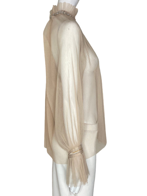Blusa Gracia Transparente Pedreria Beige - Talla M