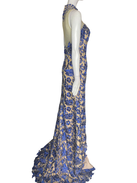 Vestido De Fiesta Terani Couture Maxi Pedreria Azul - Talla S