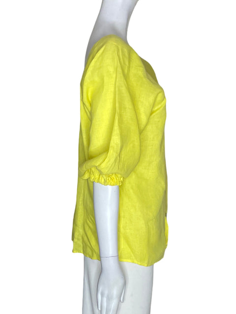 Blusa Studio Moda de Lino Abullonado Liso Amarillo - Talla S