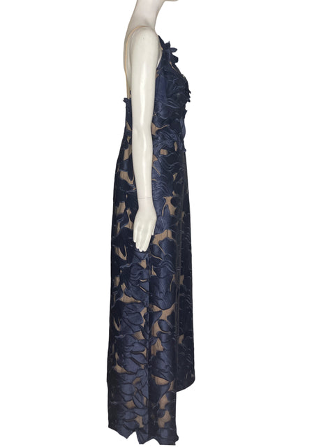 Vestido De Fiesta Monique Lhuillier Apliques Maxi Azul - Talla 10